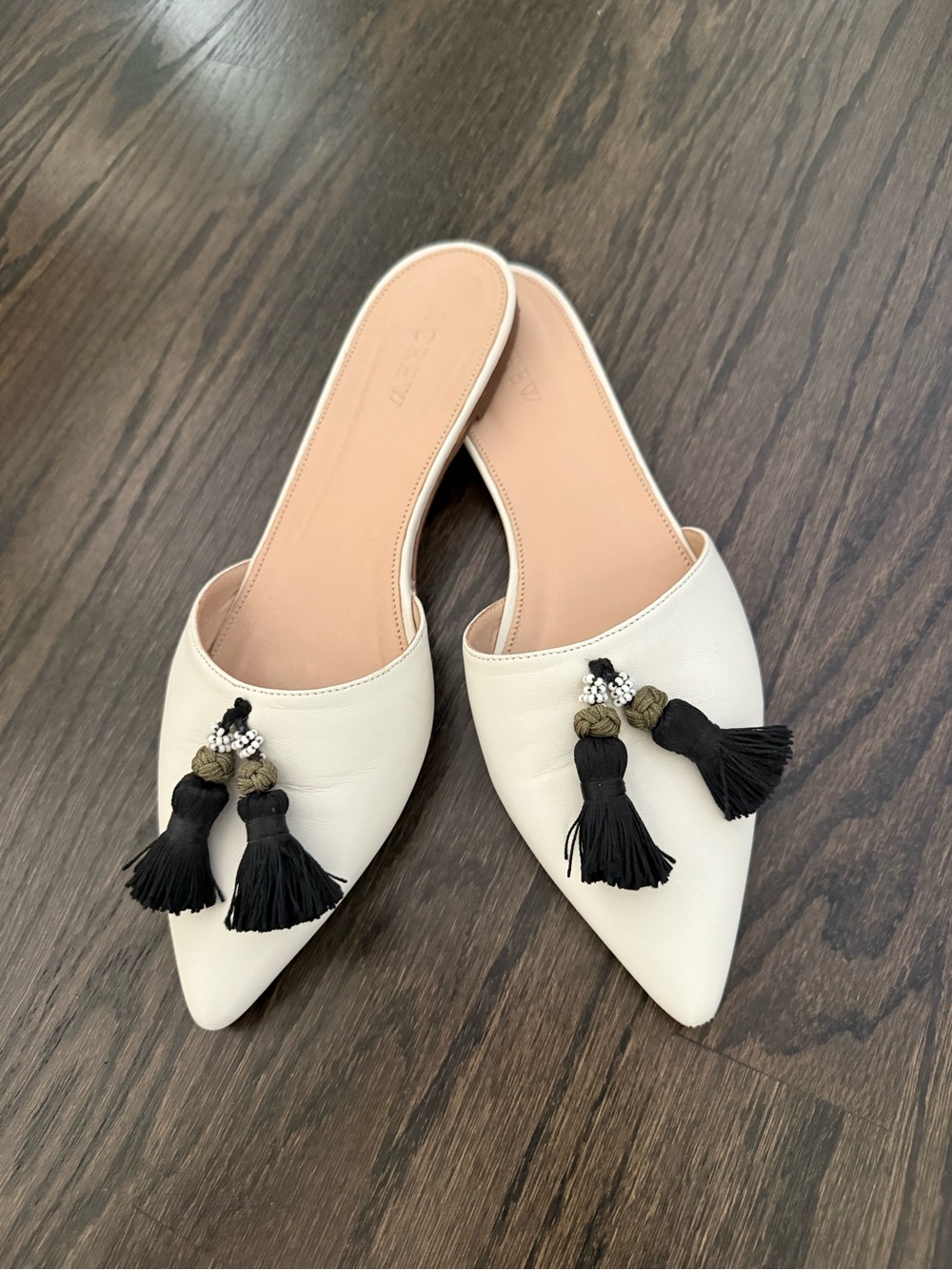 J. Crew Cream Pointed Toe Mules with Black Tassel Embellishments